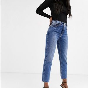 Topshop Raw Hem Straight Leg Jeans - Midwash Blue